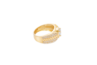 14KT Gold Ring Men's Square White CZ Round Center Stone Plain Platform Border Side Design Double Row White CZ Stones with Zig Zag Zipper Print