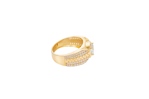 14KT Gold Ring Men's Square White CZ Round Center Stone Plain Platform Border Side Design Double Row White CZ Stones with Zig Zag Zipper Print