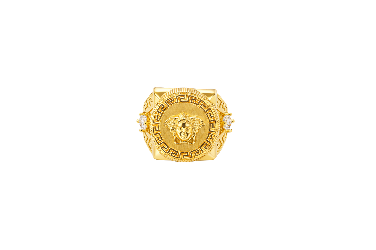 14KT Gold Ring Men's Round Raised Medusa Head with Plain Background Greek Border Band Design Single Round White CZ Stone Cutout with Greek Band Border