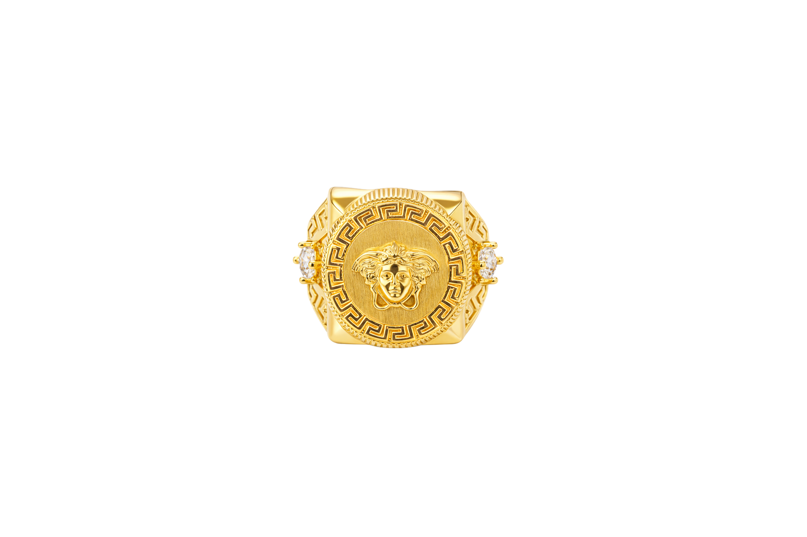 14KT Gold Ring Men's Round Raised Medusa Head with Plain Background Greek Border Band Design Single Round White CZ Stone Cutout with Greek Band Border