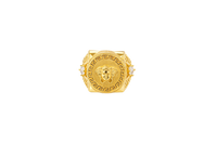 14KT Gold Ring Men's Round Raised Medusa Head with Plain Background Greek Border Band Design Single Round White CZ Stone Cutout with Greek Band Border