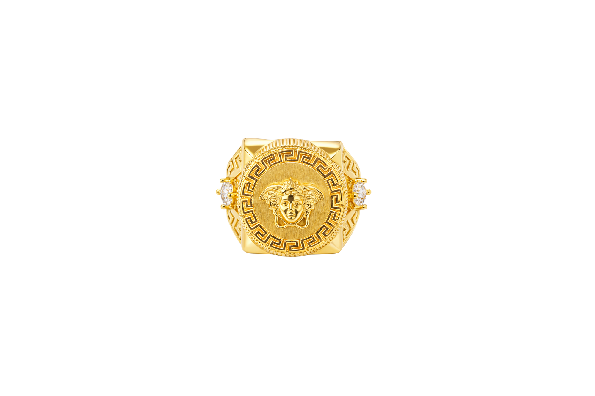 14KT Gold Ring Men's Round Raised Medusa Head with Plain Background Greek Border Band Design Single Round White CZ Stone Cutout with Greek Band Border