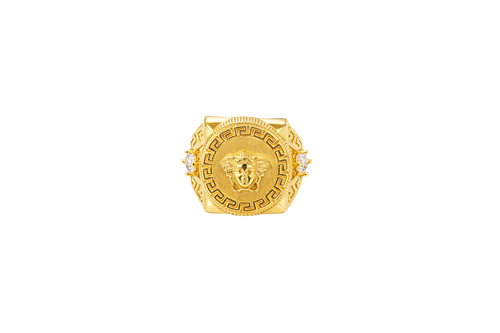 14KT Gold Ring Men's Round Raised Medusa Head with Plain Background Greek Border Band Design Single Round White CZ Stone Cutout with Greek Band Border
