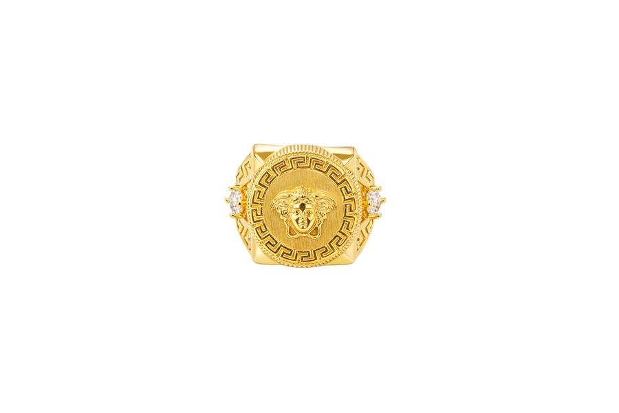 14KT Gold Ring Men's Round Raised Medusa Head with Plain Background Greek Border Band Design Single Round White CZ Stone Cutout with Greek Band Border