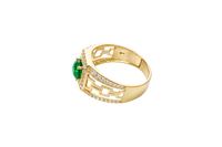 14KT Gold Ring Men's Octagon Green CZ Round Center Stone White CZ Stone Border and Three Stacked Cutout Boxes with Single Row White CZ Stones Band