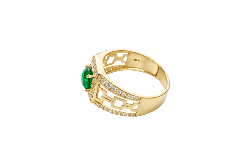 14KT Gold Ring Men's Octagon Green CZ Round Center Stone White CZ Stone Border and Three Stacked Cutout Boxes with Single Row White CZ Stones Band