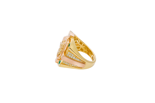 14KT Gold Ring Men's Two Tone Square Shape Oval Horse Head Portrait with Sunray Background and Corner Design One Green CZ Stone Shank Design Double Row White CZ Stone Interlocking Top/Side Cross