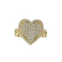 14KT Gold Ring Women's Heart Shape White CZ Stone Center Plain Outline White CZ Stone Border Cuban Link Band