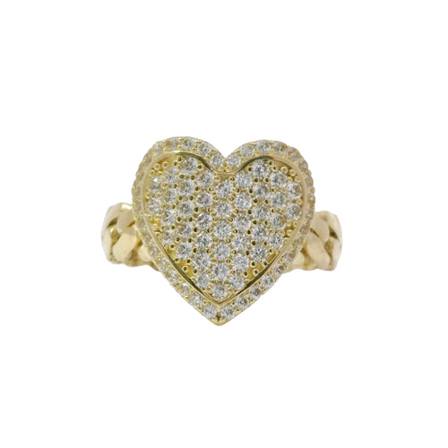 14KT Gold Ring Women's Heart Shape White CZ Stone Center Plain Outline White CZ Stone Border Cuban Link Band