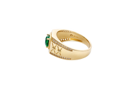 14KT Gold Ring Men's Octagon Green CZ Round Center Stone White CZ Stone Border Band Design Two Stacked "X" with Center Dot Single Row White CZ Stones Border