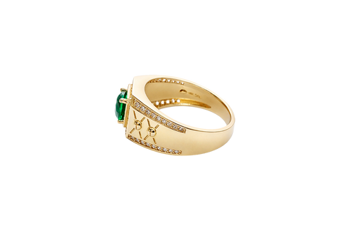 14KT Gold Ring Men's Octagon Green CZ Round Center Stone White CZ Stone Border Band Design Two Stacked "X" with Center Dot Single Row White CZ Stones Border