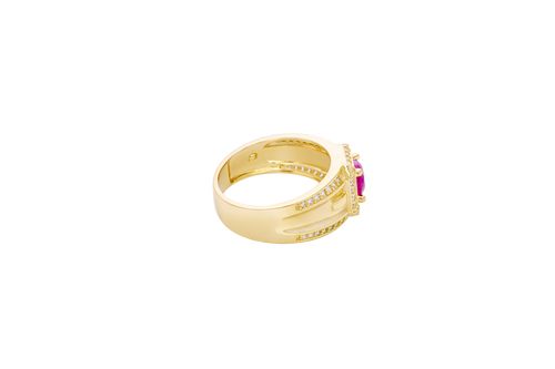 14KT Gold Ring Men's Square Red Round CZ 14KT Gold Men's Ring Square Red Round CZ Center Stone White CZ Stone Border Side Design White CZ Stones Plain Stone White CZ Stone Border Side Design White CZ Stones Plain