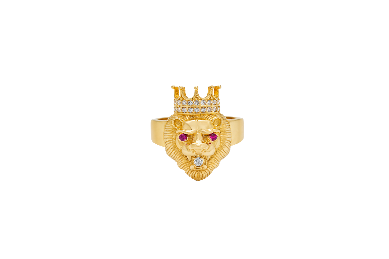 14KT Gold Ring Men's Crowned Lion Head with White CZ Stones Crown/Mouth Red CZ Stones in Eyes