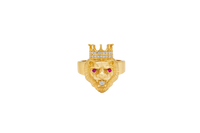 14KT Gold Ring Men's Crowned Lion Head with White CZ Stones Crown/Mouth Red CZ Stones in Eyes