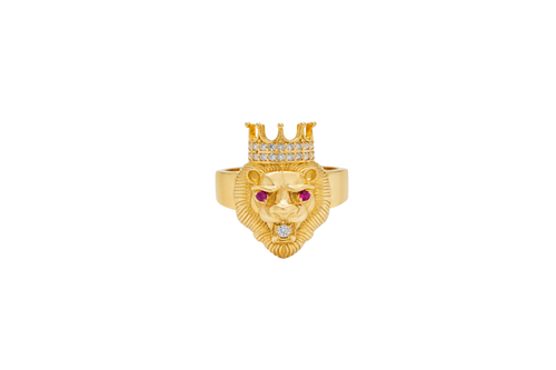 14KT Gold Ring Men's Crowned Lion Head with White CZ Stones Crown/Mouth Red CZ Stones in Eyes