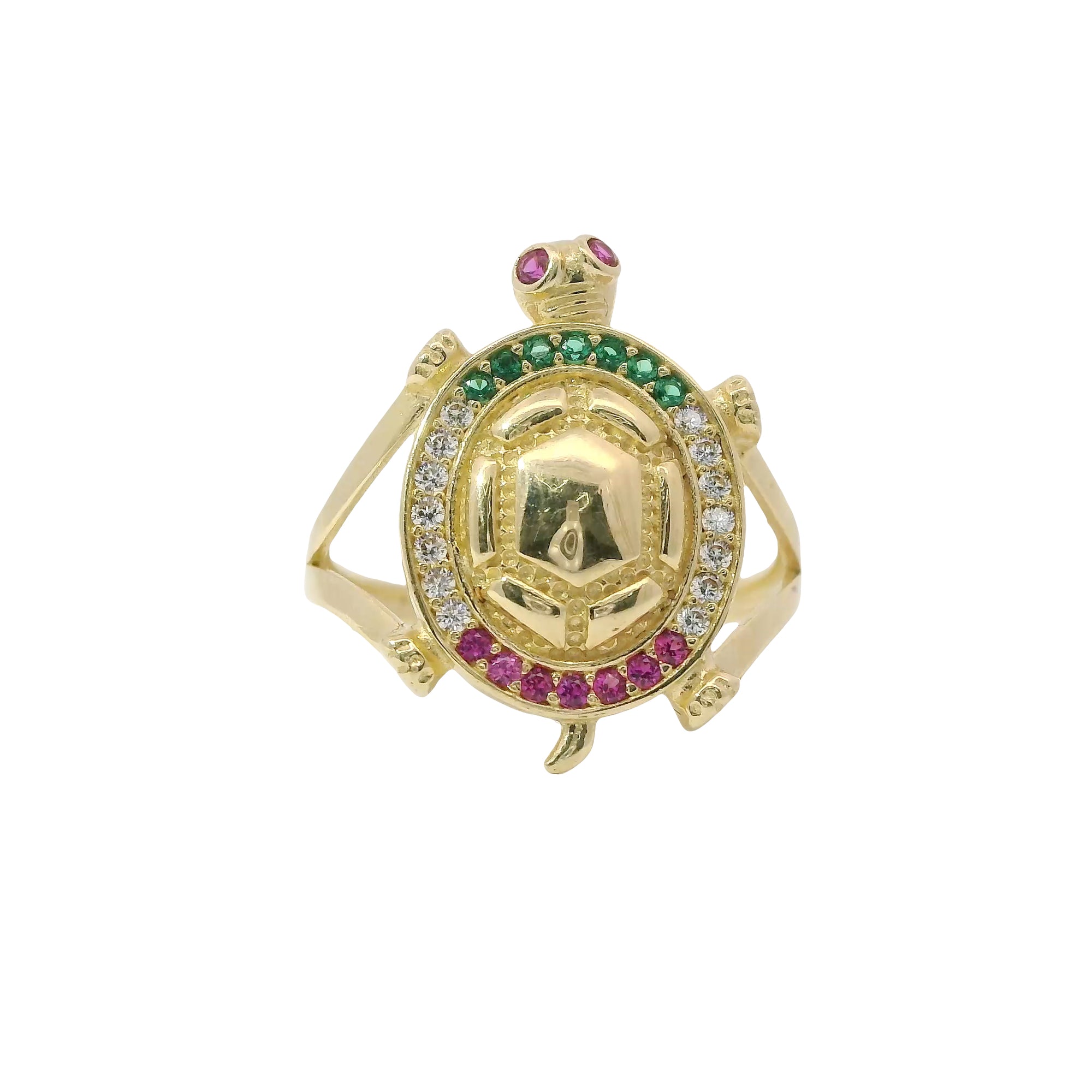 14KT Gold Ring Women's Jumbo White/Green/Red Mexico Flag CZ Stone Turtle Shell with Red CZ Eyes Plain Border and Plain Split Band