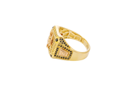 14KT Gold Ring Men's Square Two Tone Scorpion Center with White CZ Stone Border Black CZ Corner Stones with Side Design Black / Gold Greek Style Square with Black CZ Stone Border Around a Raised Arrow on Each Side