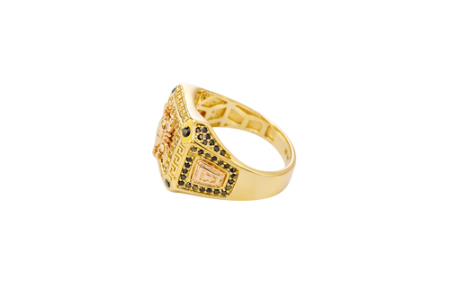 14KT Gold Ring Men's Square Two Tone Scorpion Center with White CZ Stone Border Black CZ Corner Stones with Side Design Black / Gold Greek Style Square with Black CZ Stone Border Around a Raised Arrow on Each Side