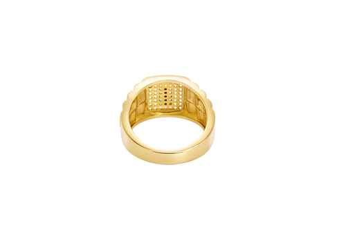 14KT Gold Ring Men's Square Two Tone St. Jude Plain Border with White CZ Stones Background Side Design White CZ Stones and Jubilee Band