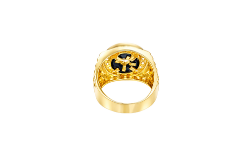 14KT Gold Ring Men's Jumbo Round White CZ Center Stone Plain Border on Onyx Background with White CZ Stones Border Side Design Jubilee