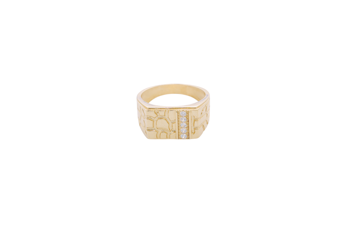 14KT Gold Ring Men's Rectangle Nugget with Five White CZ Stones in a Line with Plain Border