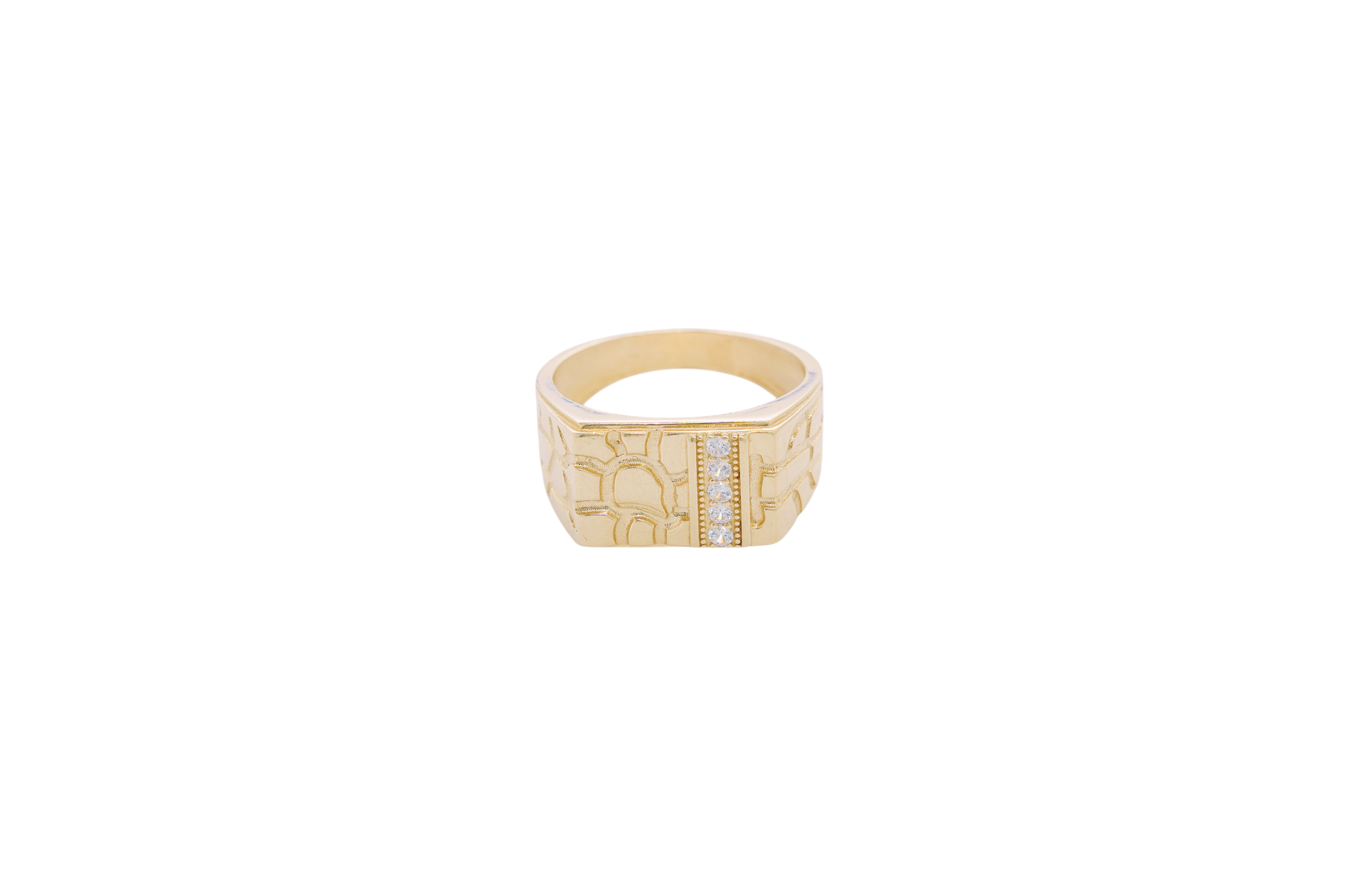 14KT Gold Ring Men's Rectangle Nugget with Five White CZ Stones in a Line with Plain Border