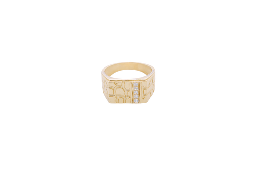 14KT Gold Ring Men's Rectangle Nugget with Five White CZ Stones in a Line with Plain Border