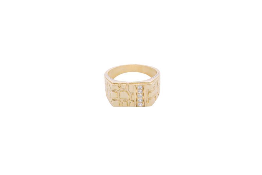 14KT Gold Ring Men's Rectangle Nugget with Five White CZ Stones in a Line with Plain Border