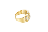 14KT Gold Ring Men's Raised Curved Square of 20 White CZ Stones with Double Row White CZ Stone Belt Through Curved Square and Single White CZ Stones Border and Double Row of White CZ Stones on Band
