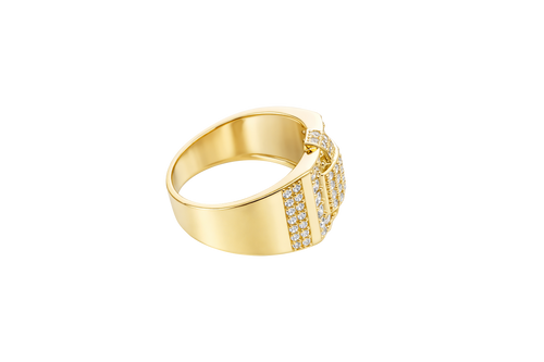 14KT Gold Ring Men's Raised Curved Square of 20 White CZ Stones with Double Row White CZ Stone Belt Through Curved Square and Single White CZ Stones Border and Double Row of White CZ Stones on Band