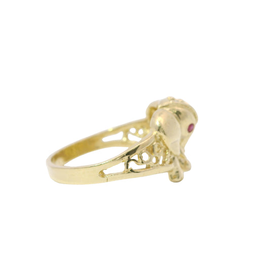 14KT Gold Ring Women's Forward Facing Pink Eye Elephant with White CZ Stones Veil Split Band with Three Loops on Side