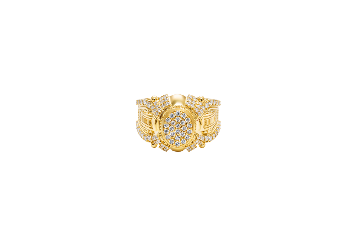 14KT Gold Ring Men's Oval White CZ Stone Platform Plain Border Corner Edge Design Four Triple Row White CZ Stones Band Ladder with White CZ Stone Border