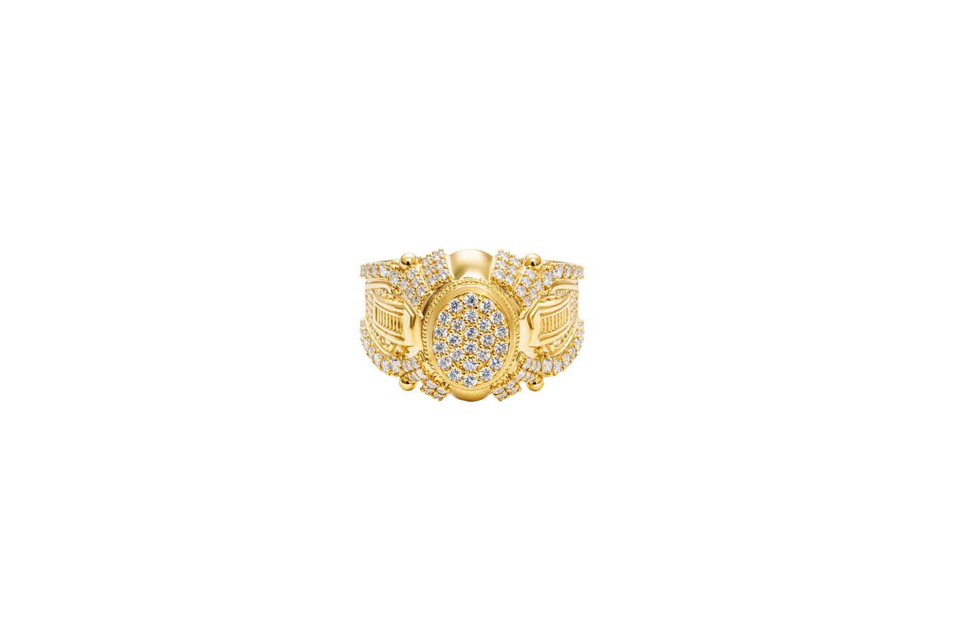 14KT Gold Ring Men's Oval White CZ Stone Platform Plain Border Corner Edge Design Four Triple Row White CZ Stones Band Ladder with White CZ Stone Border