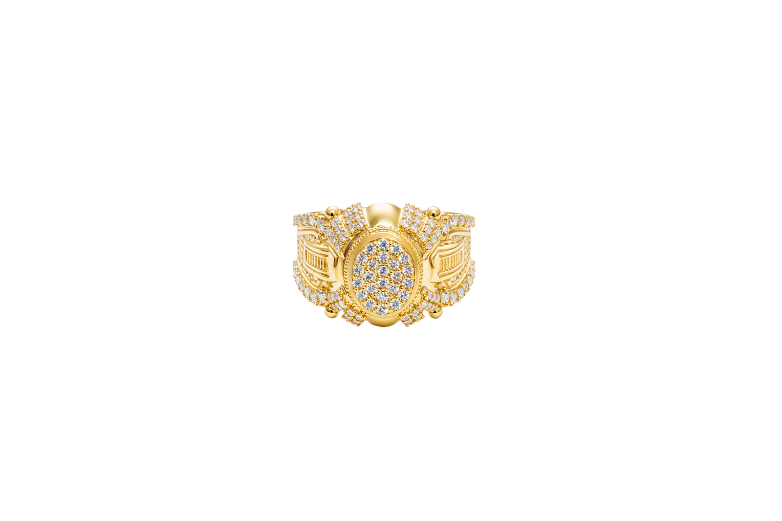 14KT Gold Ring Men's Oval White CZ Stone Platform Plain Border Corner Edge Design Four Triple Row White CZ Stones Band Ladder with White CZ Stone Border