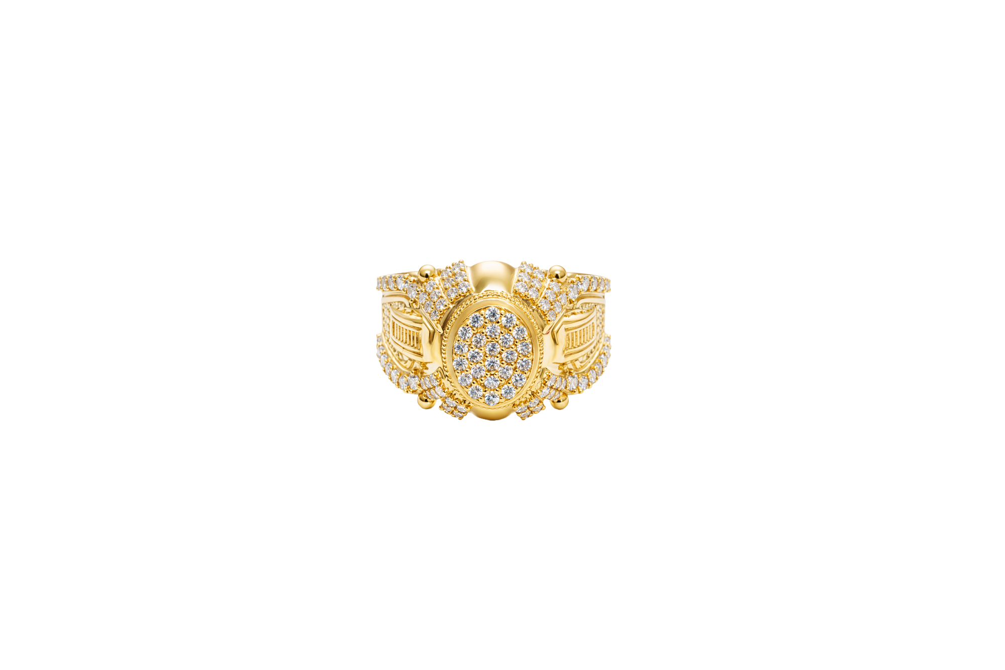 14KT Gold Ring Men's Oval White CZ Stone Platform Plain Border Corner Edge Design Four Triple Row White CZ Stones Band Ladder with White CZ Stone Border