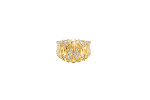 14KT Gold Ring Men's Oval White CZ Stone Platform Plain Border Corner Edge Design Four Triple Row White CZ Stones Band Ladder with White CZ Stone Border