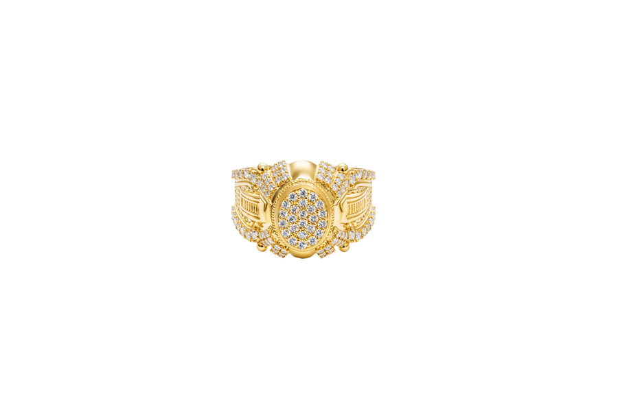 14KT Gold Ring Men's Oval White CZ Stone Platform Plain Border Corner Edge Design Four Triple Row White CZ Stones Band Ladder with White CZ Stone Border
