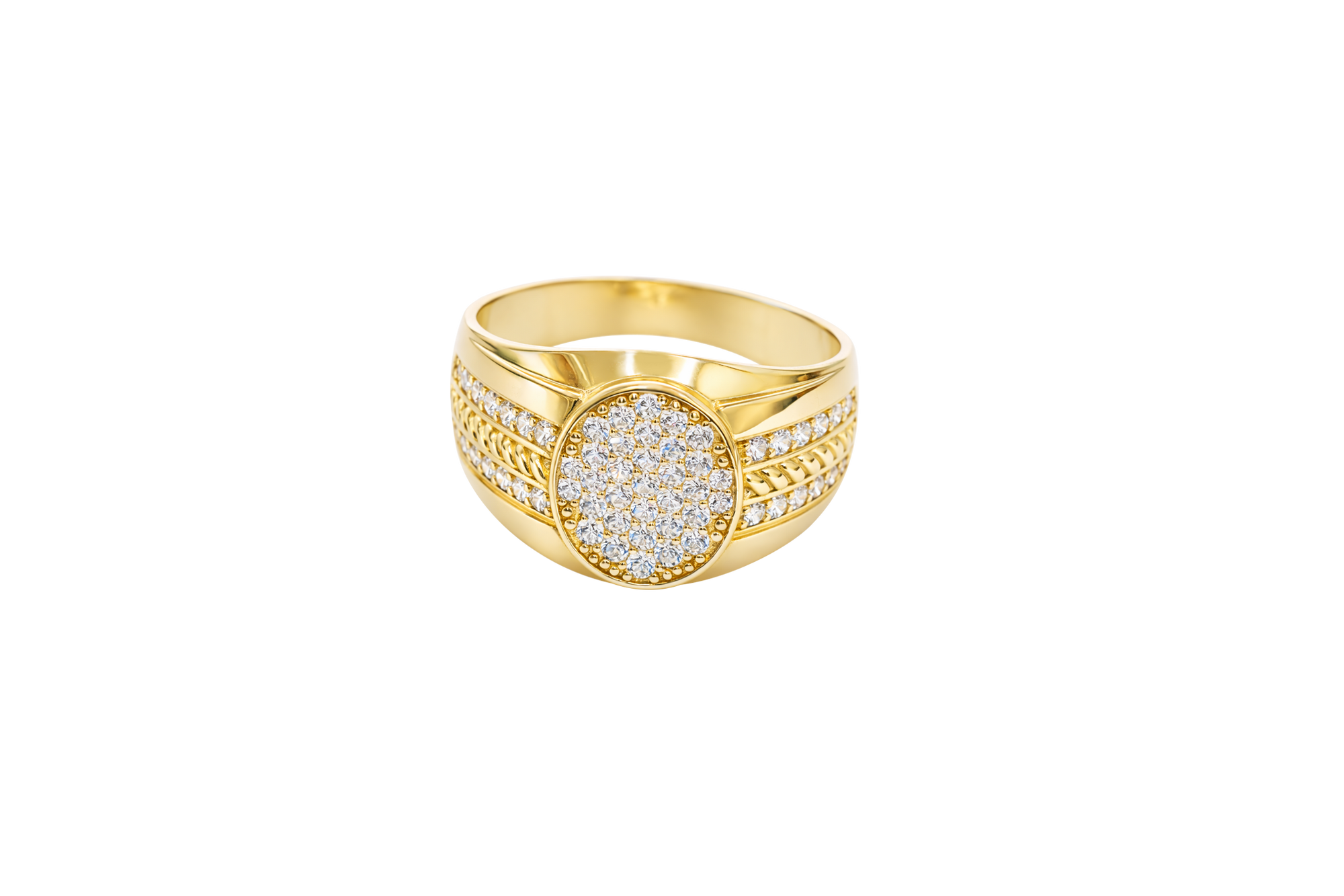 14KT Gold Ring Men's Oval White CZ Stone Cluster Center Design with Seven Rows Plain Border Side Design Two Single Rows of White CZ Stones with Gold Rope Pattern in Middle