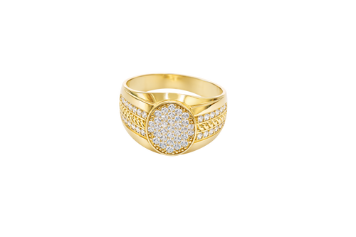 14KT Gold Ring Men's Oval White CZ Stone Cluster Center Design with Seven Rows Plain Border Side Design Two Single Rows of White CZ Stones with Gold Rope Pattern in Middle