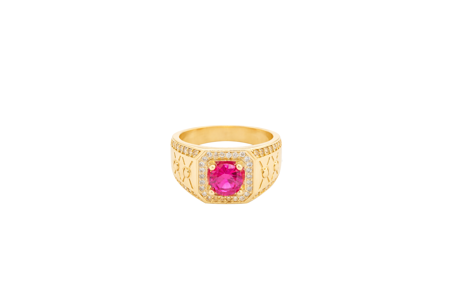 14KT Gold Ring Men's Square Red Round CZ Stone White CZ Stones Square Border with Side Design White CZ Stones Framing Two Dots in Center of "X" Design