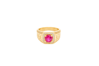 14KT Gold Ring Men's Square Red Round CZ Stone White CZ Stones Square Border with Side Design White CZ Stones Framing Two Dots in Center of "X" Design