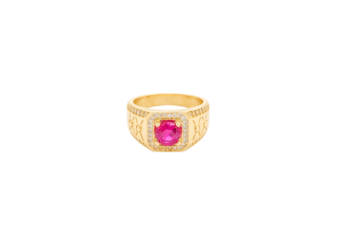 14KT Gold Ring Men's Square Red Round CZ Stone White CZ Stones Square Border with Side Design White CZ Stones Framing Two Dots in Center of "X" Design