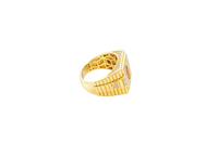 14KT Gold Ring Men's Two Tone Square St. Jude White CZ Stone Border with White CZ Stone Top/Side and Side Band Ridged Watch Design