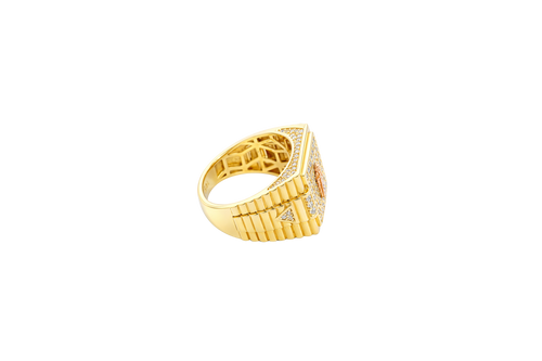 14KT Gold Ring Men's Two Tone Square St. Jude White CZ Stone Border with White CZ Stone Top/Side and Side Band Ridged Watch Design