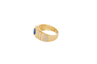 14KT Gold Ring Men's Square Blue Round CZ Stone Plain Square Border Side Design Three Tiers of Single Row White CZ Stones Stairs and Triple Row of White CZ Stones Under Stairs