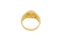 14KT Gold Ring Men's Oval 20 White CZ Stones Cluster Center with Plain Ribbed Border and Double Row White CZ Stones Sunray Pattern Border Side Design Single Row White CZ Stones Edge with Four Plain Ribbed Bars in Center