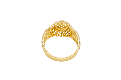 14KT Gold Ring Men's Oval 20 White CZ Stones Cluster Center with Plain Ribbed Border and Double Row White CZ Stones Sunray Pattern Border Side Design Single Row White CZ Stones Edge with Four Plain Ribbed Bars in Center