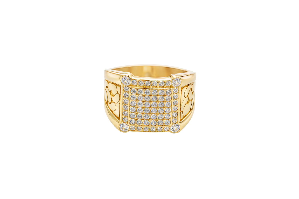 14KT Gold Ring Men's Square White Round CZ Stones Raised Center Square Plain Border Second Border White CZ Stone Border Corner Design Four Slightly Larger White CZ Stones Side Design Nugget Print / Plain Side Design Border