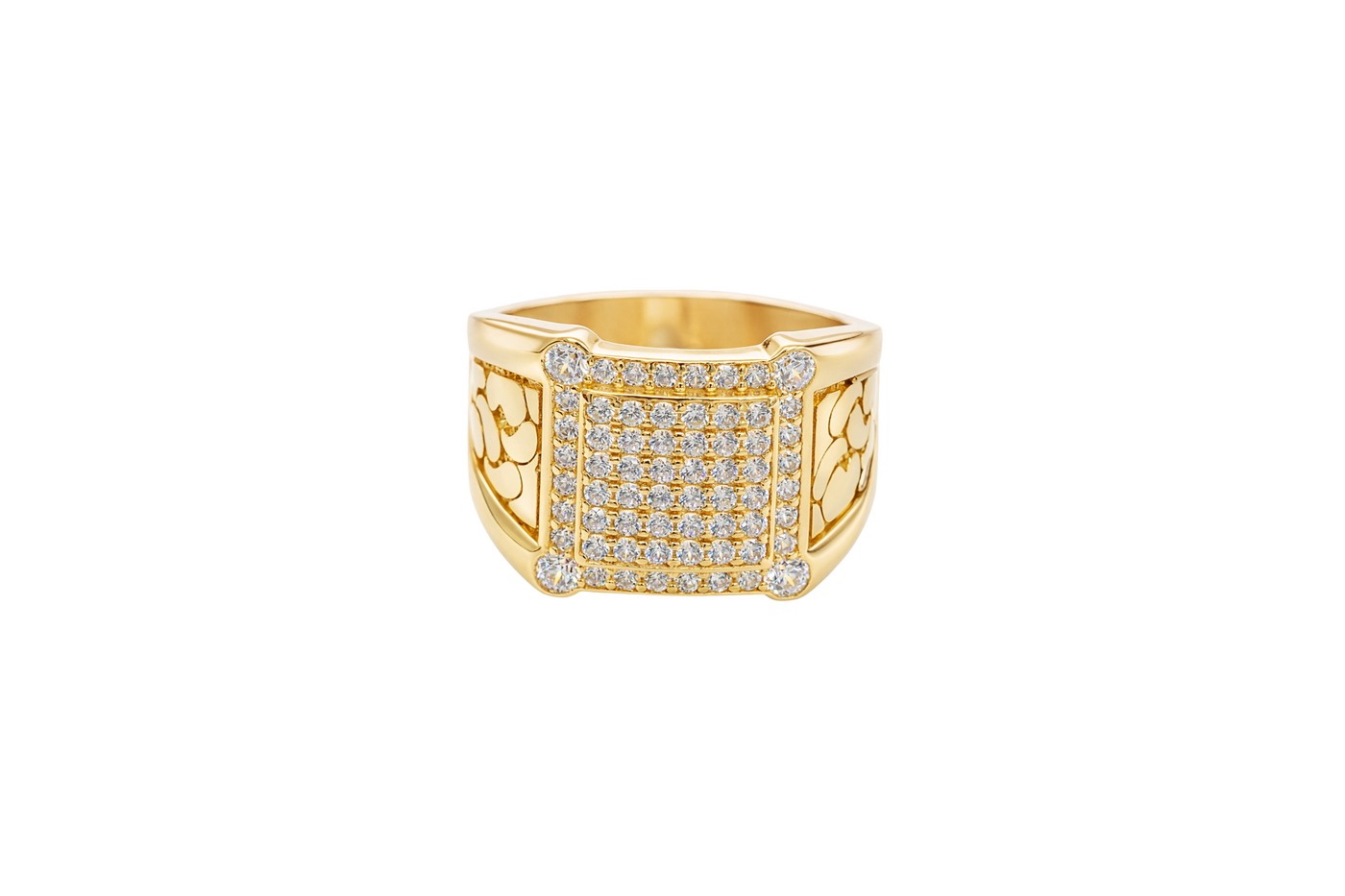 14KT Gold Ring Men's Square White Round CZ Stones Raised Center Square Plain Border Second Border White CZ Stone Border Corner Design Four Slightly Larger White CZ Stones Side Design Nugget Print / Plain Side Design Border