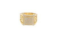 14KT Gold Ring Men's Square White Round CZ Stones Raised Center Square Plain Border Second Border White CZ Stone Border Corner Design Four Slightly Larger White CZ Stones Side Design Nugget Print / Plain Side Design Border